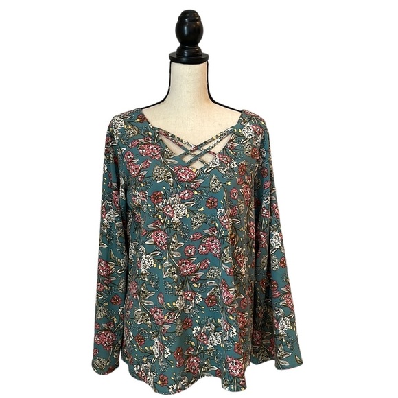 KORI America Shirt SZ S Floral Flare Sleeves Crossed Front and Back - Picture 1 of 10